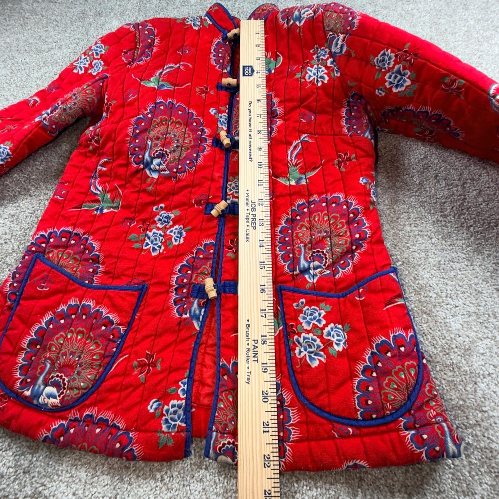 Vintage Cathay Red‎ Quilted Peacock Print Toggle Jacket Mandarin Collar Small - Picture 10 of 13